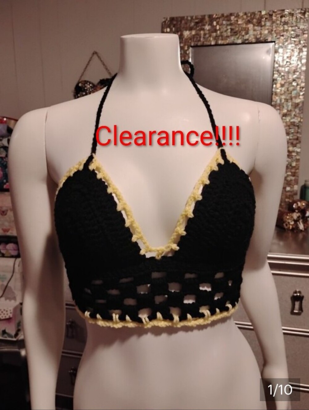 Handmade Black Crochet Halter Top with Yellow Trim